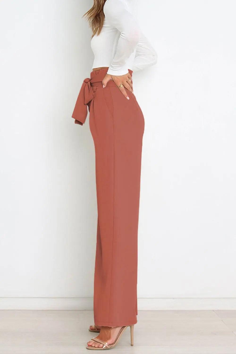 Tie Front Paperbag Wide Leg Pants - Elena Rae Co.