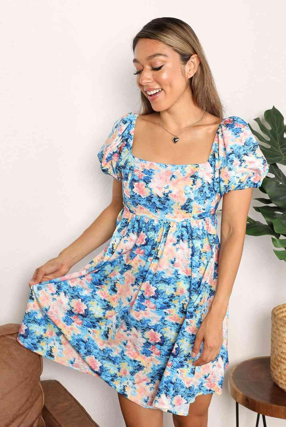 Double Take Floral Square Neck Puff Sleeve Dress - Elena Rae Co.