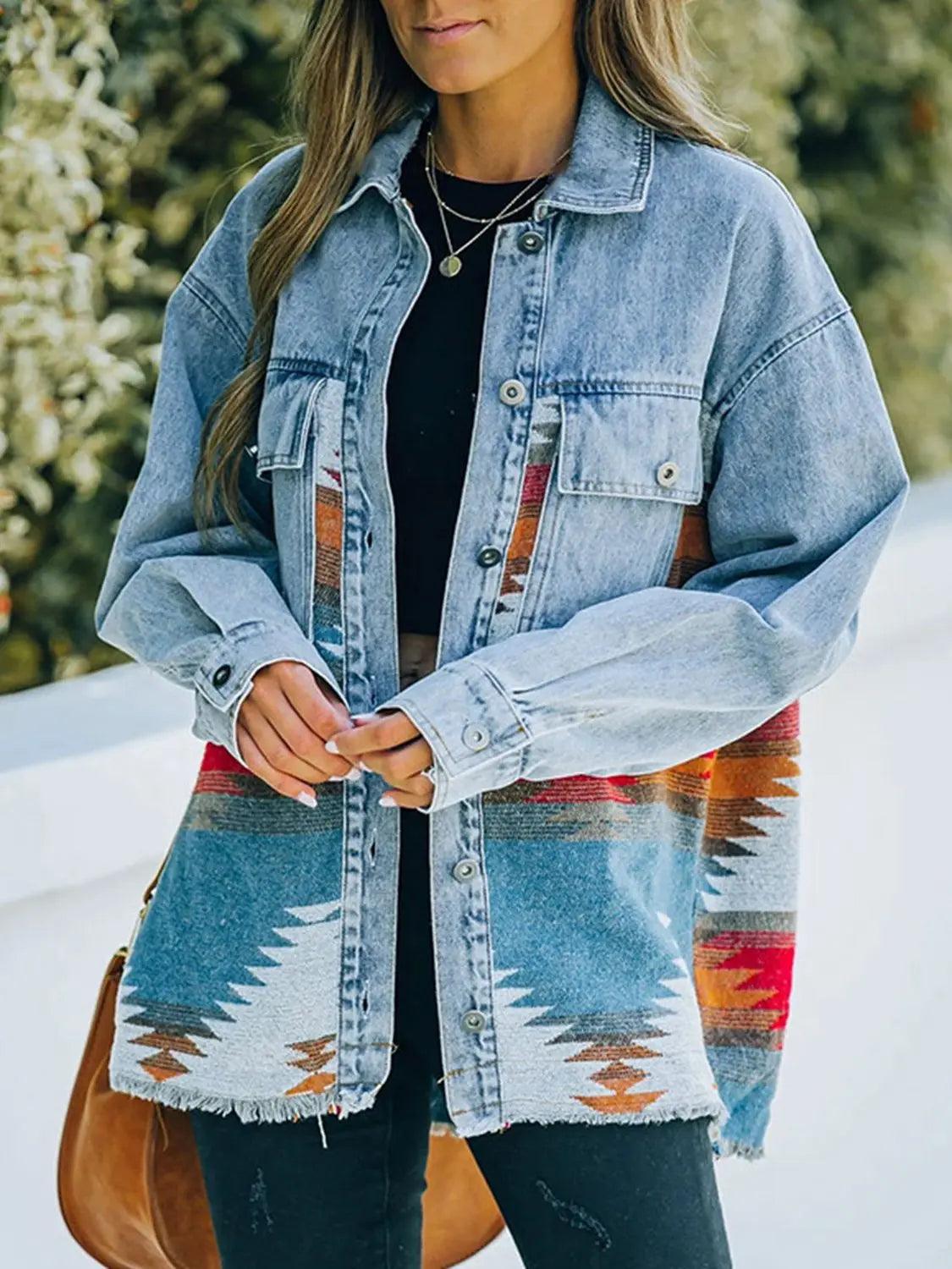 Collared Neck Dropped Shoulder Denim Jacket - Elena Rae Co.