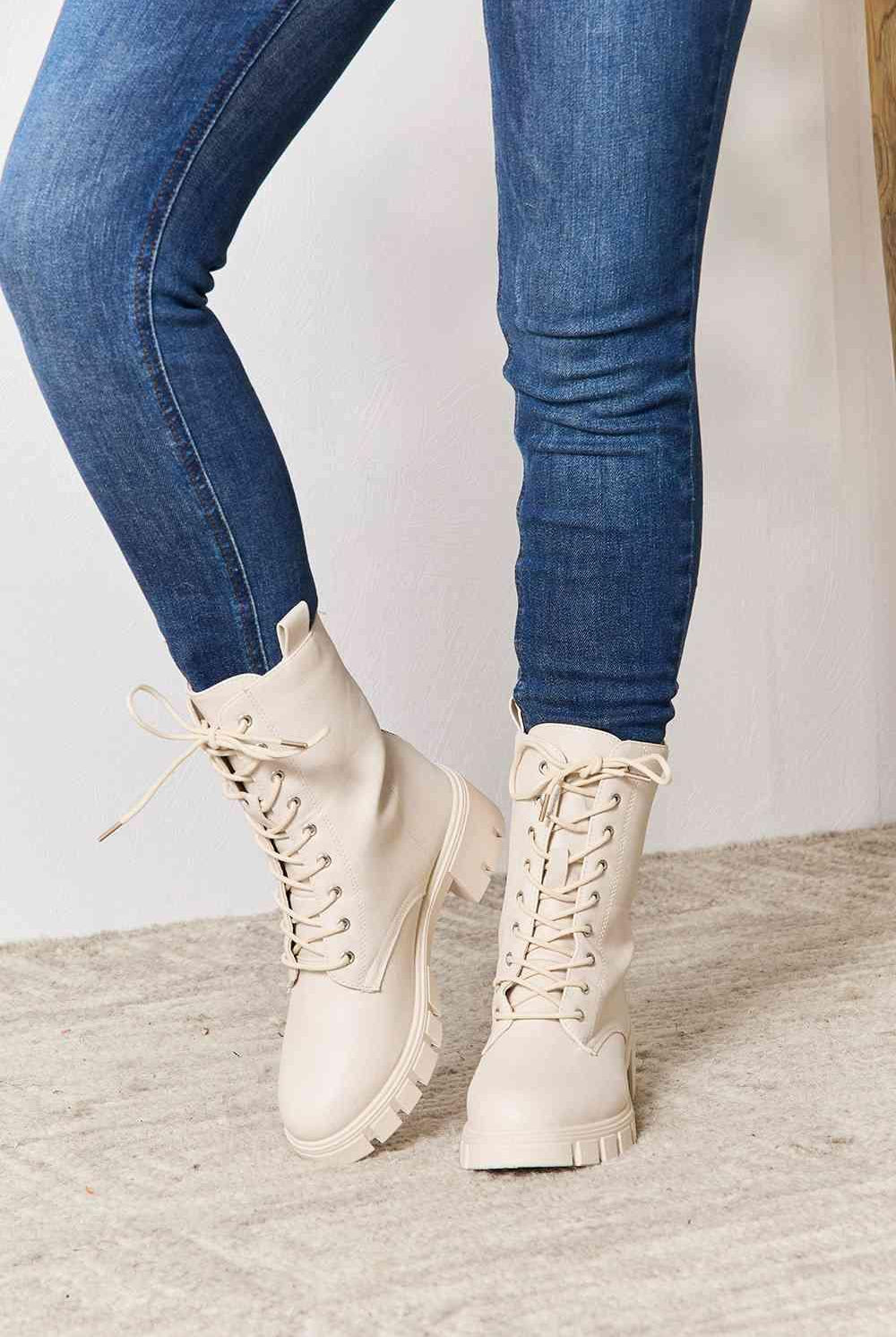 East Lion Corp Zip Back Lace-up Front Combat Boots - Elena Rae Co.