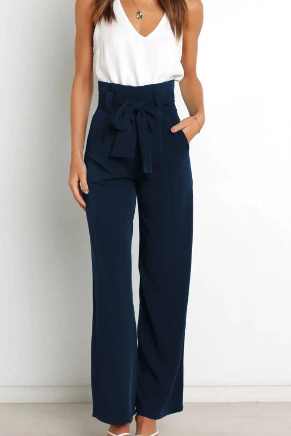 Tie Front Paperbag Wide Leg Pants - Elena Rae Co.