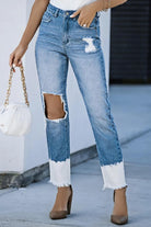 Contrast Distressed High Waist Jeans.