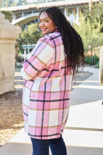 Double Take Full Size Plaid Button Up Lapel Collar Coat - Elena Rae Co.