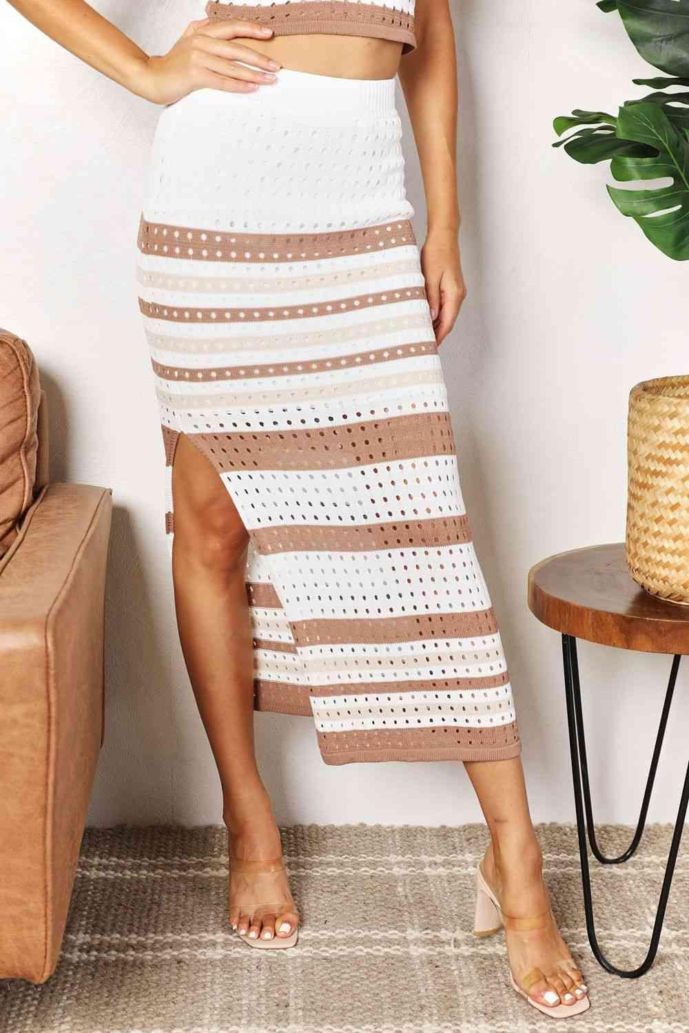 Double Take Striped Openwork Cropped Tank and Split Skirt Set - Elena Rae Co.