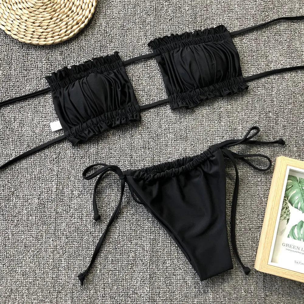 Frill Trim Ruched Bikini Set.