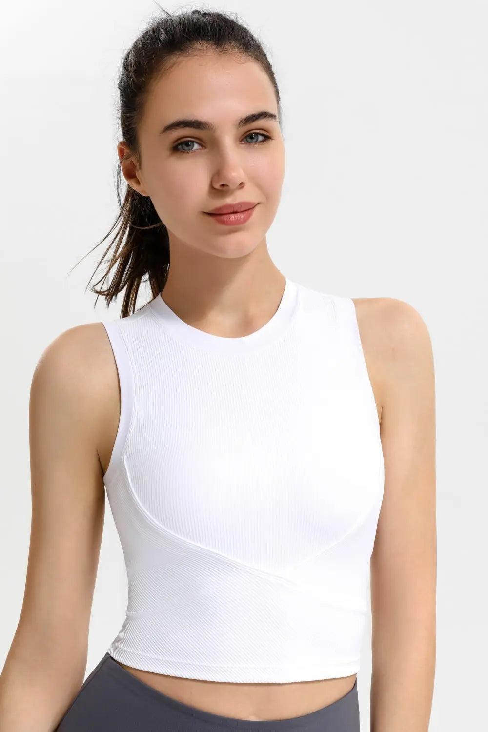 Ribbed Crisscross Round Neck Cropped Sports Tank - Elena Rae Co.