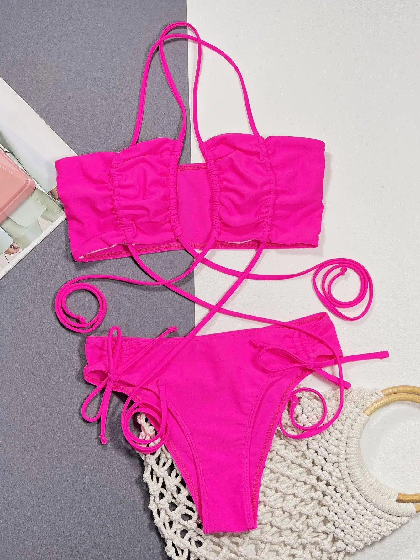 Halter Neck Drawstring Detail Bikini Set - Elena Rae Co.