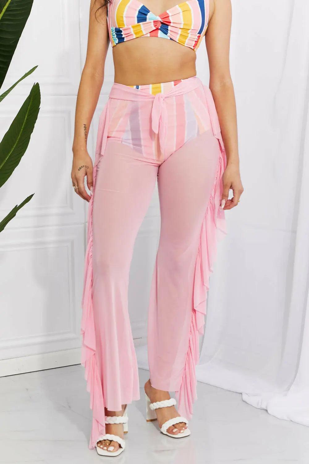 Marina West Swim Take Me To The Beach Mesh Ruffle Cover-Up Pants.