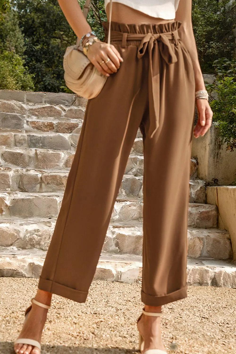 Tie Belt Paperbag Waist Straight Leg Pants - Elena Rae Co.