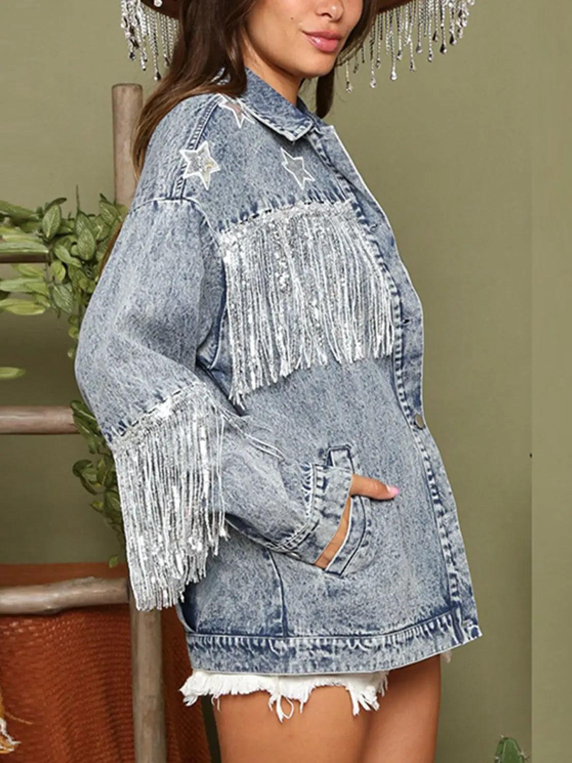 Fringe Detail Long Sleeve Denim Jacket - Elena Rae Co.