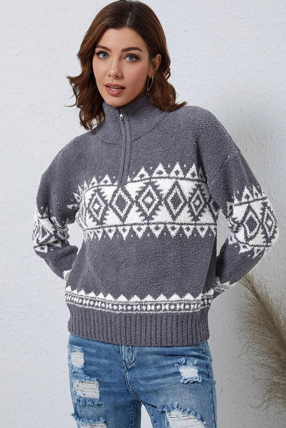 Zip-Up Geometrical Pattern Pullover Sweater - Elena Rae Co.