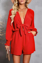 Tied Flounce Sleeve Plunge Romper.