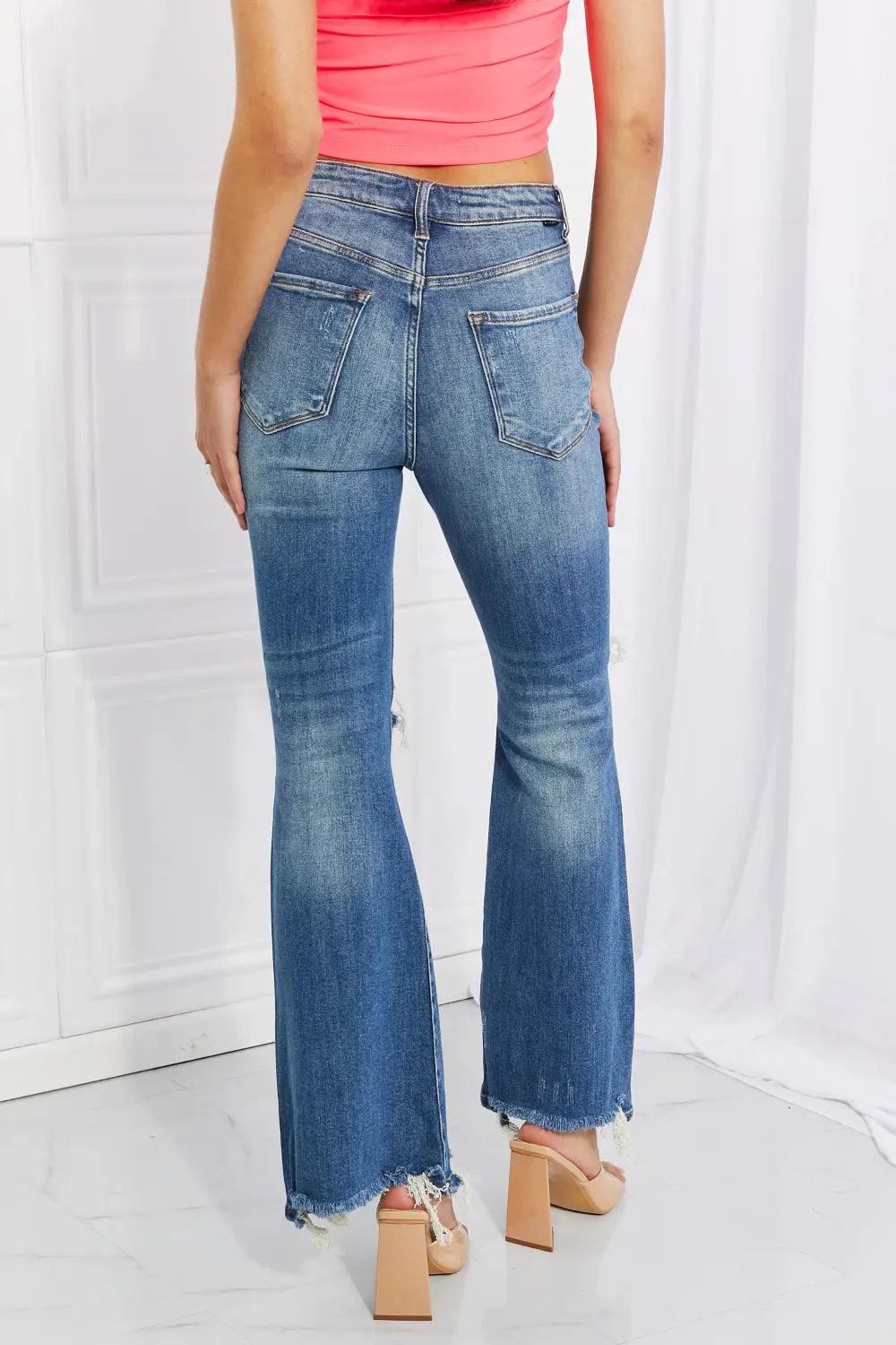 RISEN Full Size Hazel High Rise Distressed Flare Jeans.