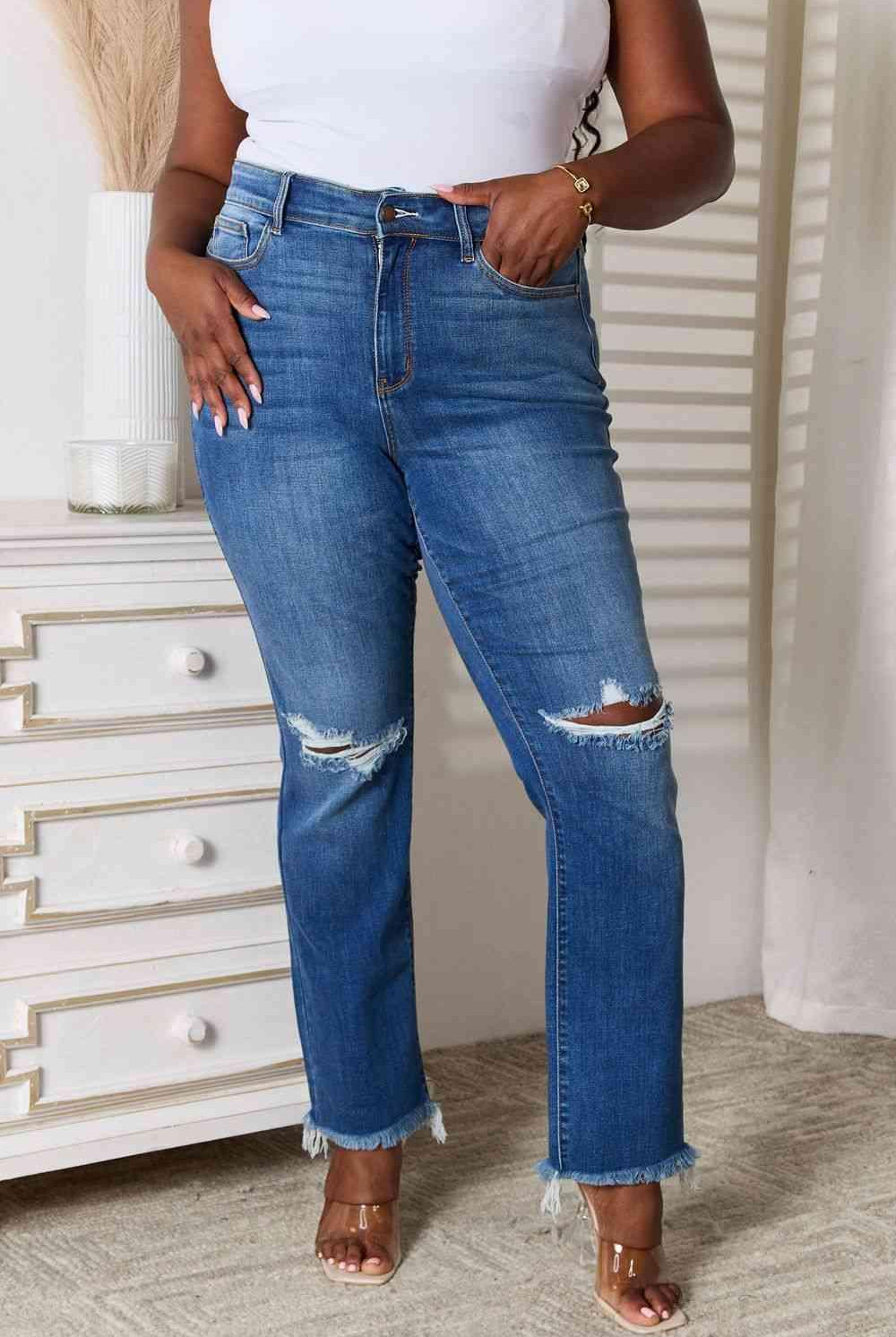 Judy Blue Full Size Distressed Raw Hem Jeans - Elena Rae Co.