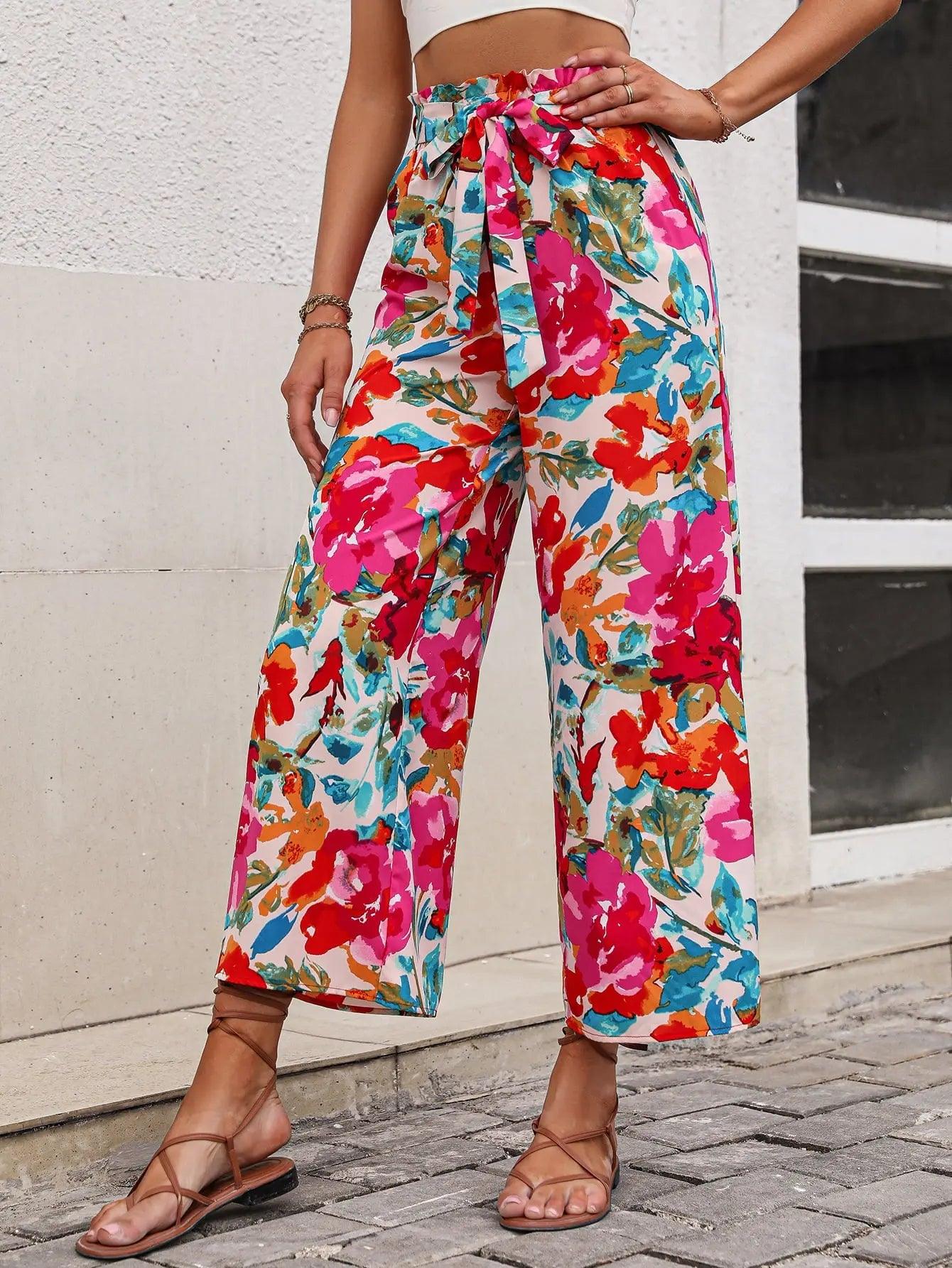 Floral Tie Belt Wide Leg Pants - Elena Rae Co.