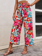 Floral Tie Belt Wide Leg Pants - Elena Rae Co.