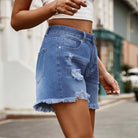 Distressed Raw Hem Denim Shorts.