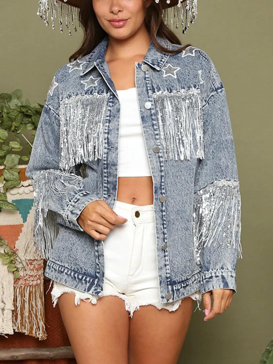 Fringe Detail Long Sleeve Denim Jacket - Elena Rae Co.