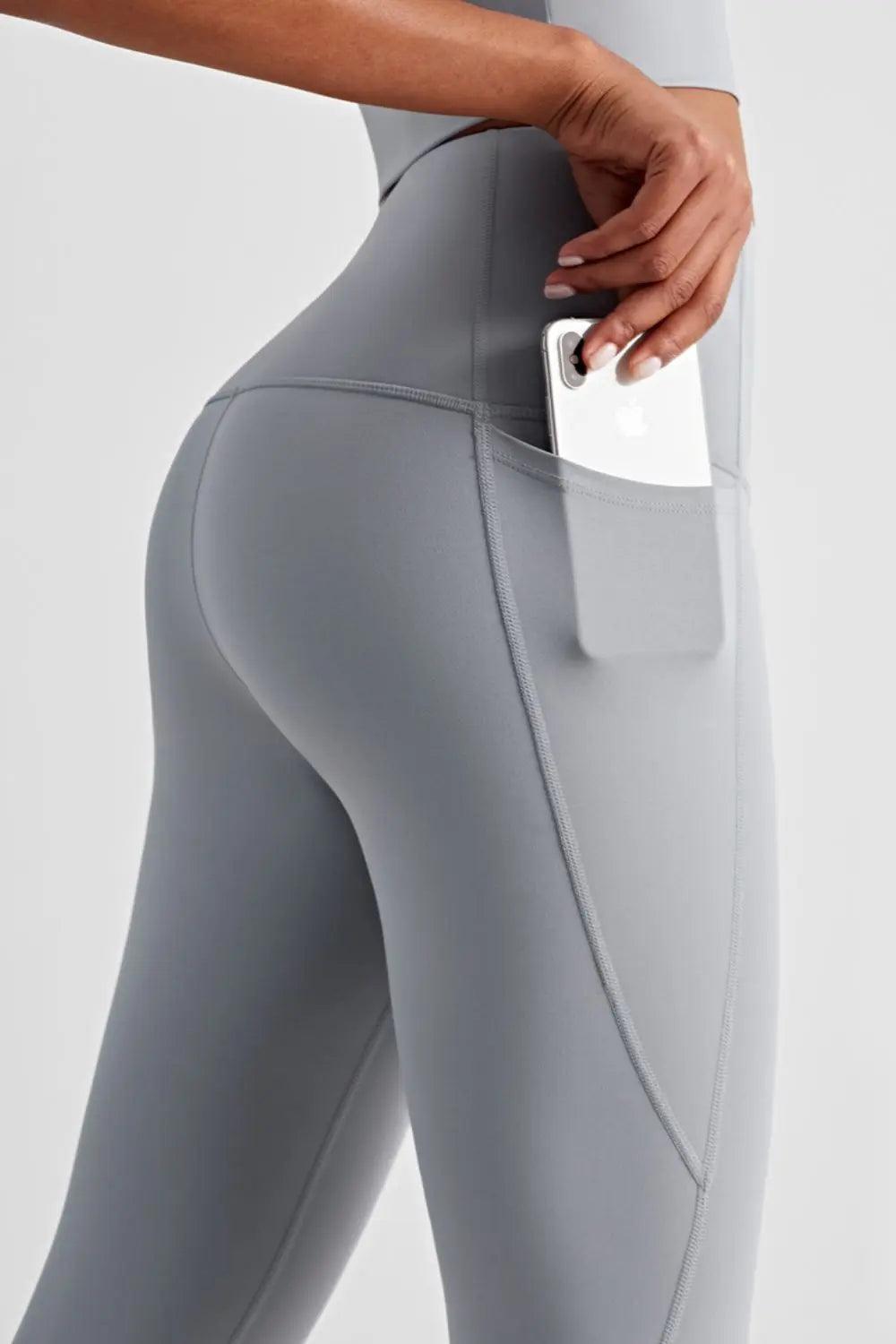 Wide Waistband Sports Leggings with Side Pockets - Elena Rae Co.