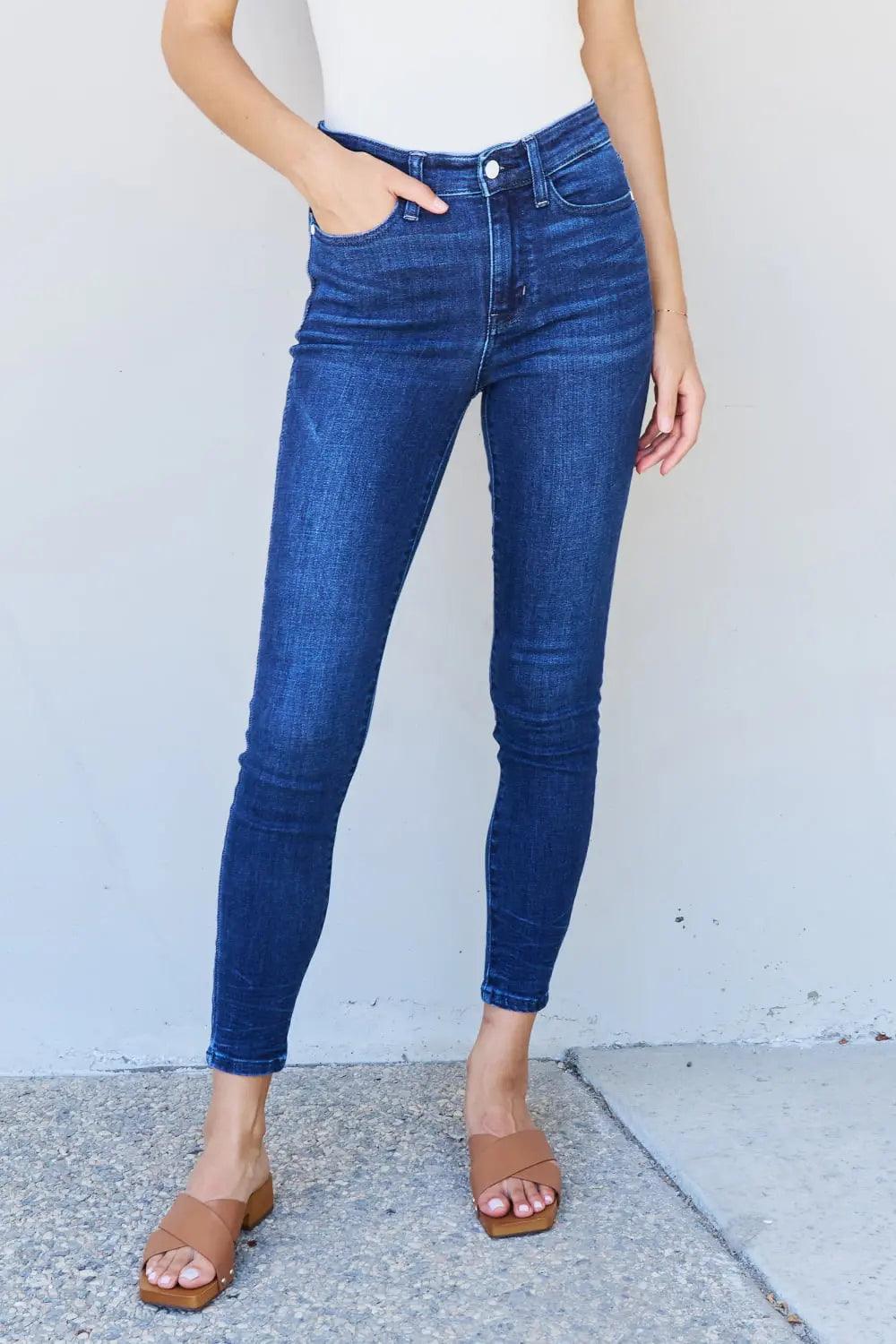 Judy Blue Marie Full Size Mid Rise Crinkle Ankle Detail Skinny Jeans - Elena Rae Co.