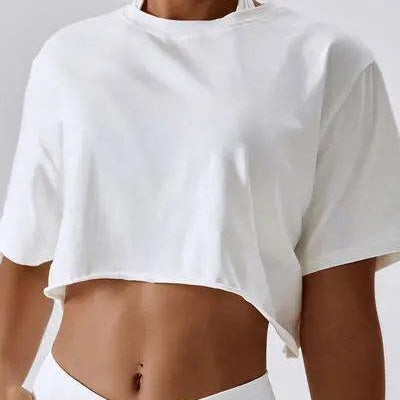 Cropped Round Neck Short Sleeve Active Top - Elena Rae Co.