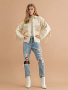 Fringe Detail Dropped Shoulder Denim Jacket - Elena Rae Co.