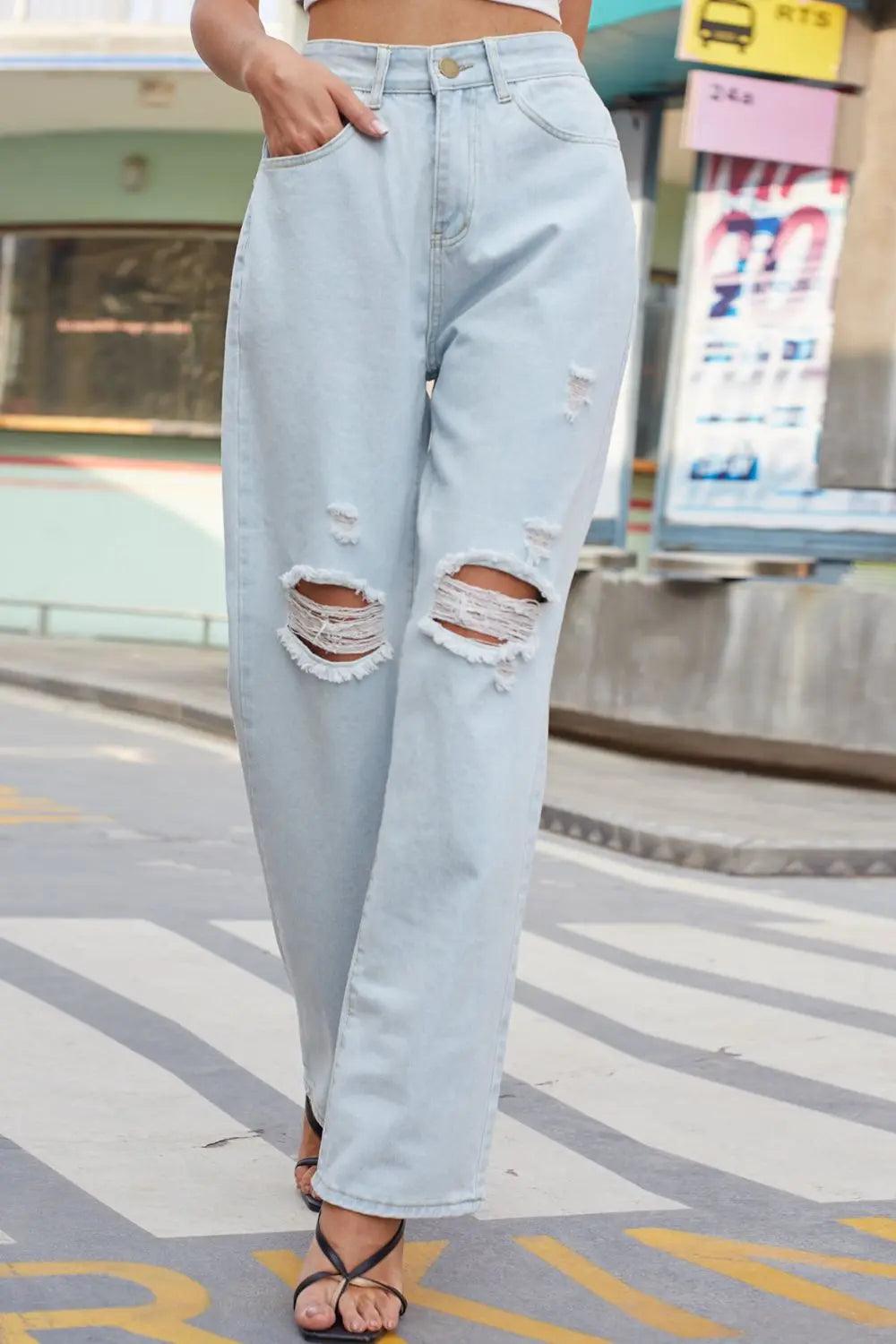 Distressed Straight Leg Jeans with Pockets.