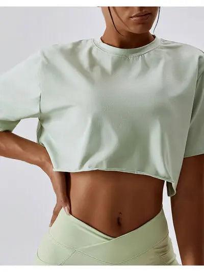 Cropped Round Neck Short Sleeve Active Top - Elena Rae Co.