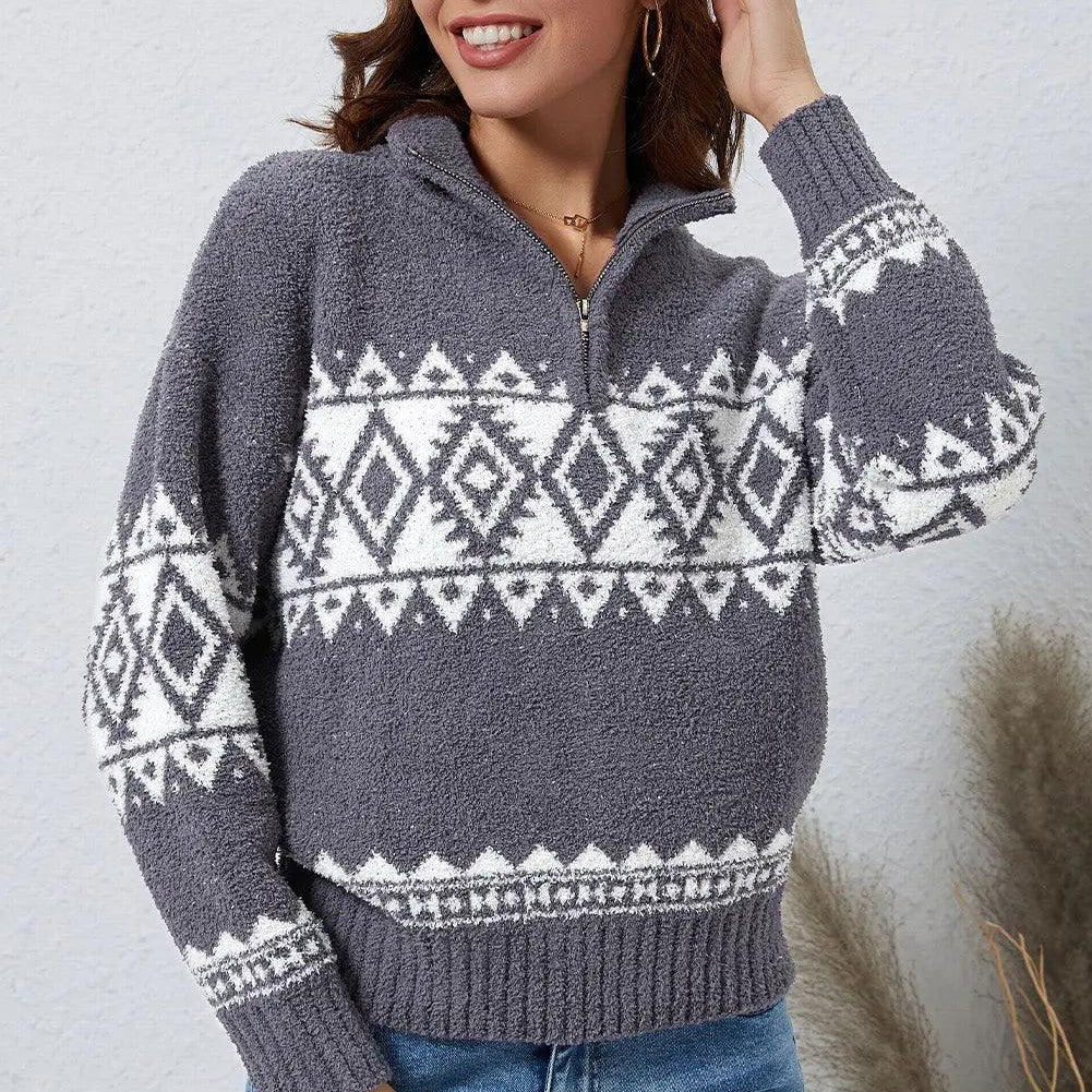 Zip-Up Geometrical Pattern Pullover Sweater - Elena Rae Co.