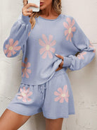 Floral Print Raglan Sleeve Knit Top and Tie Front Sweater Shorts Set - Elena Rae Co.