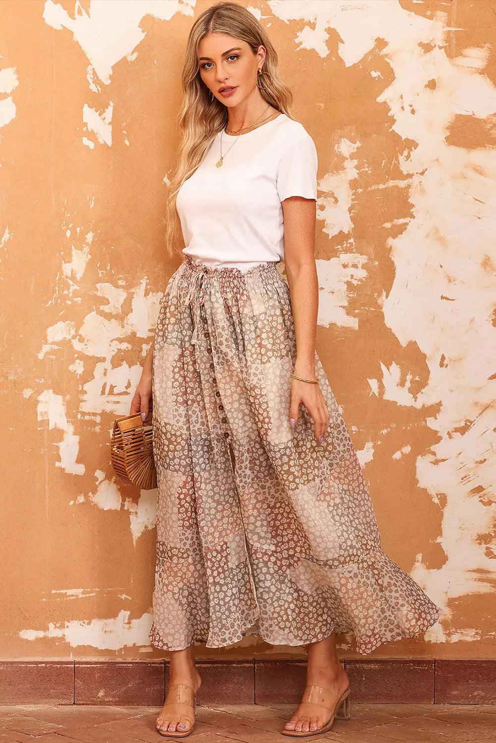 Floral Buttoned Front Slit Skirt - Elena Rae Co.