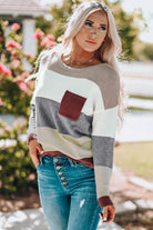 Color Block Drop Shoulder Round Neck Sweater - Elena Rae Co.