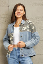 GeeGee Full Size Washed Denim Camo Contrast Jacket - Elena Rae Co.