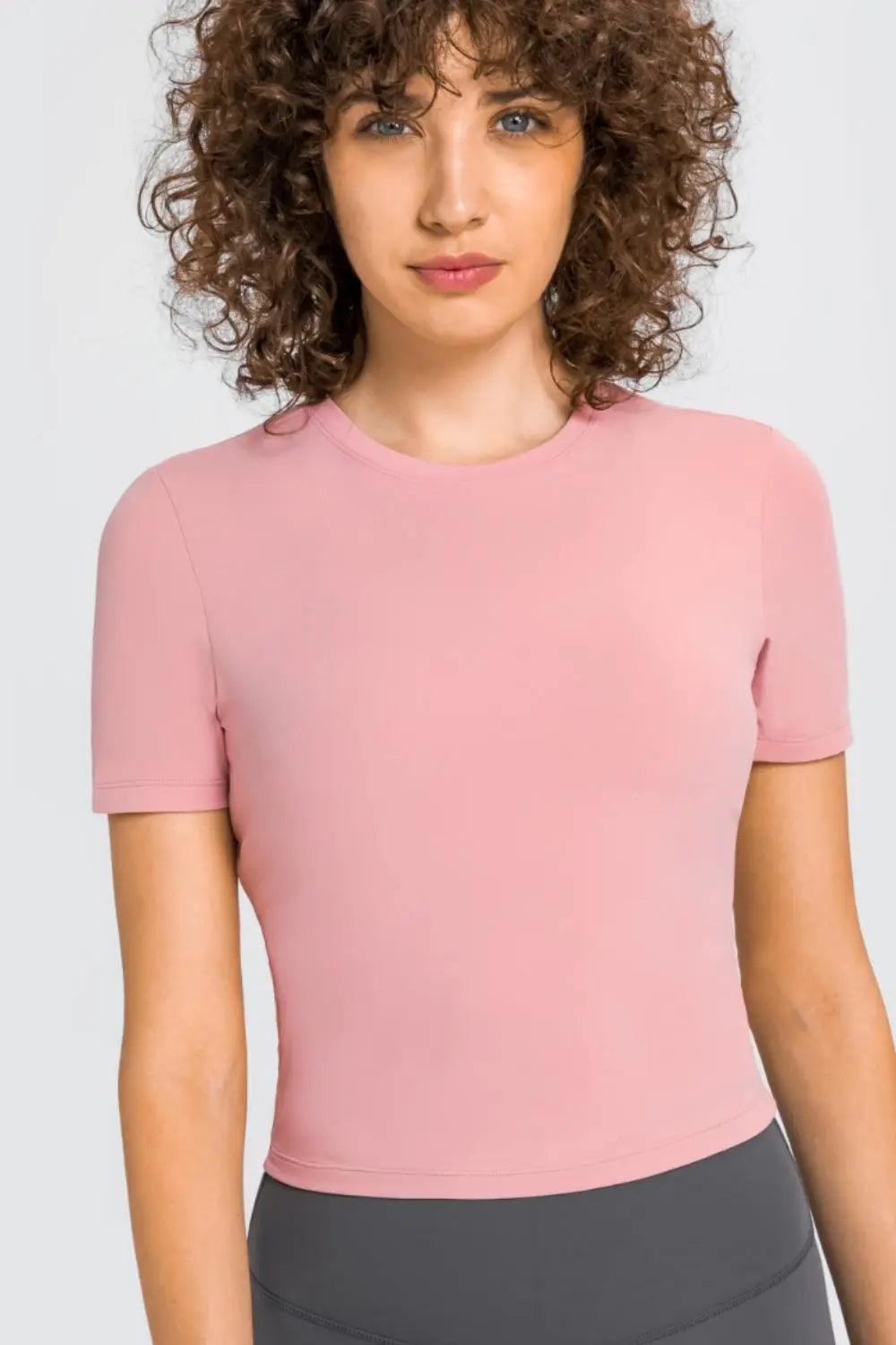 Round Neck Short Sleeve Yoga Tee - Elena Rae Co.