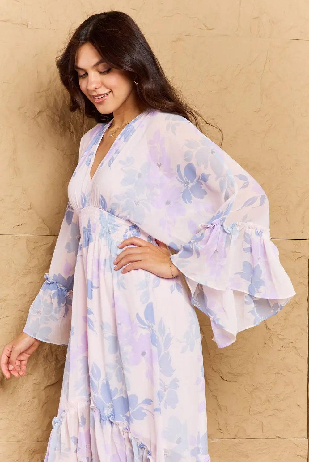 OneTheLand Take Me With You Floral Bell Sleeve Midi Dress in Blue - Elena Rae Co.