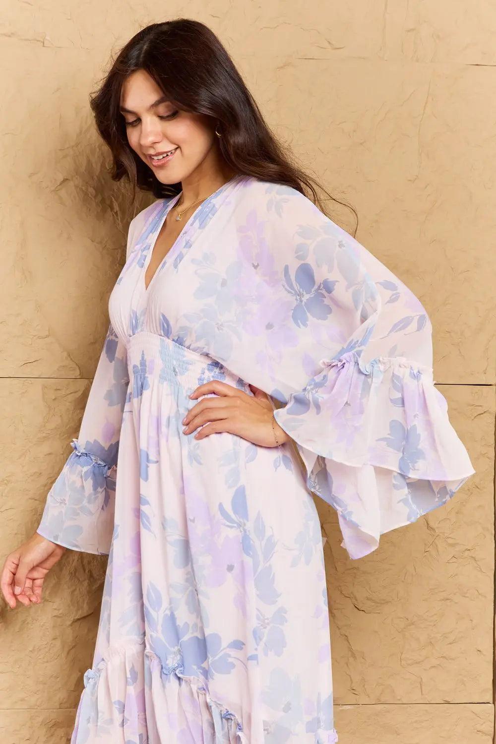 OneTheLand Take Me With You Floral Bell Sleeve Midi Dress in Blue - Elena Rae Co.