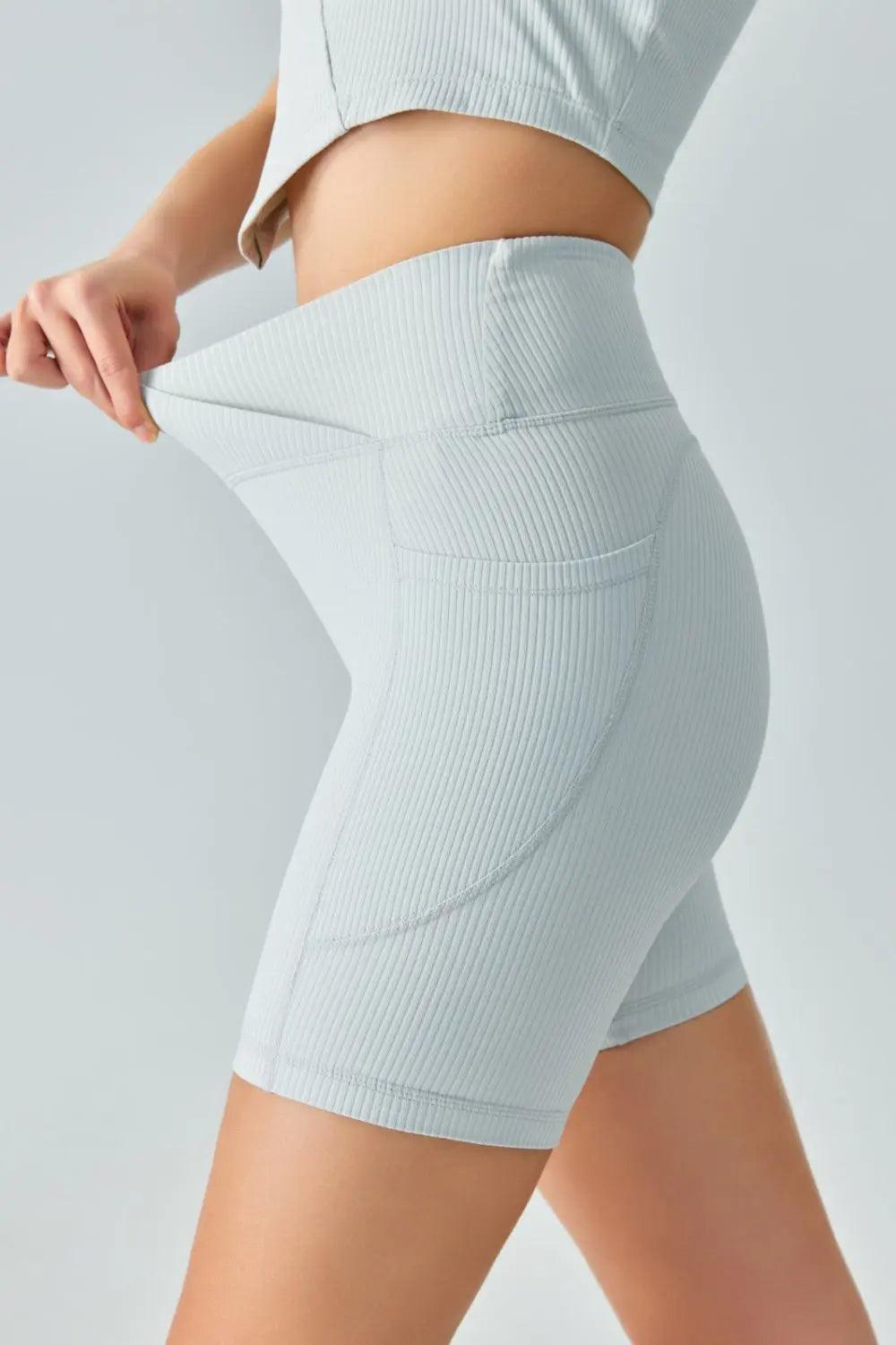 V-Waist Ribbed Sports Biker Shorts with Pockets - Elena Rae Co.