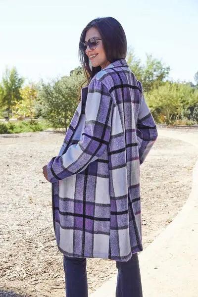 Double Take Full Size Plaid Button Up Lapel Collar Coat - Elena Rae Co.