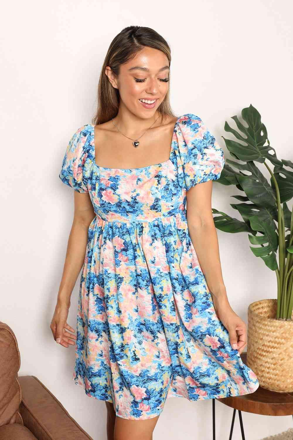 Double Take Floral Square Neck Puff Sleeve Dress - Elena Rae Co.