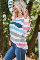 Striped Round Neck Sweater with Breast Pocket - Elena Rae Co.