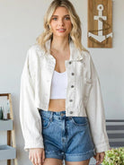 Cropped Collared Neck Dropped Shoulder Denim Jacket - Elena Rae Co.