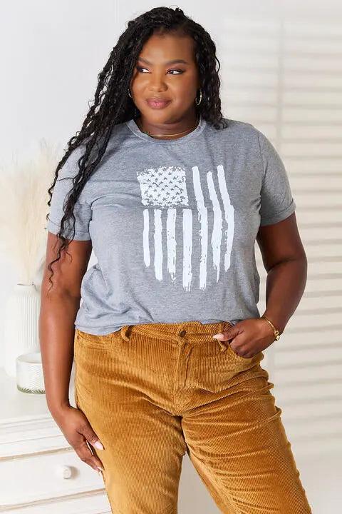 Simply Love US Flag Graphic Cuffed Sleeve T-Shirt - Elena Rae Co.