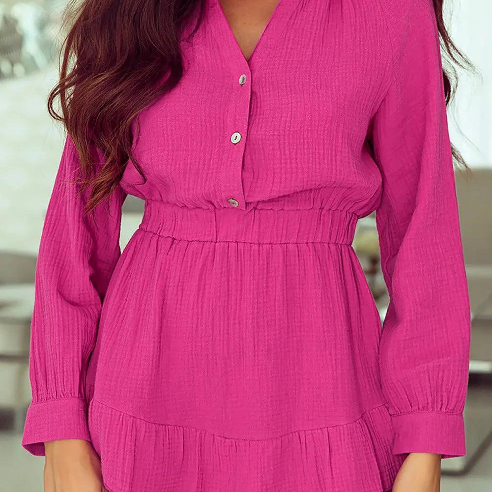 Buttoned Notched Neck Long Sleeve Romper - Elena Rae Co.