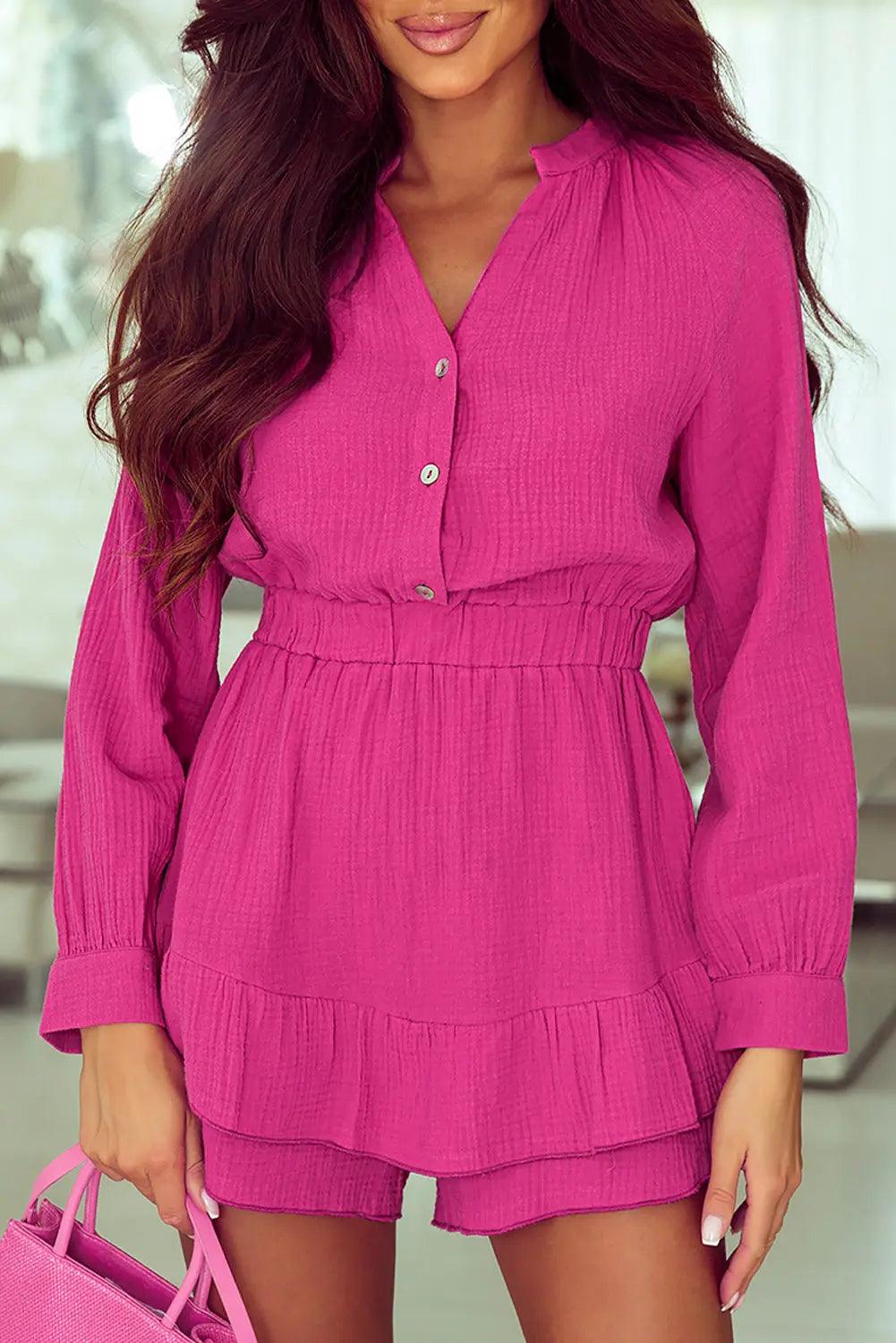 Buttoned Notched Neck Long Sleeve Romper - Elena Rae Co.