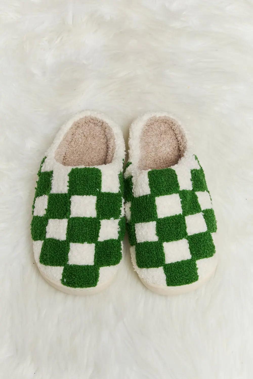 Melody Checkered Print Plush Slide Slippers - Elena Rae Co.