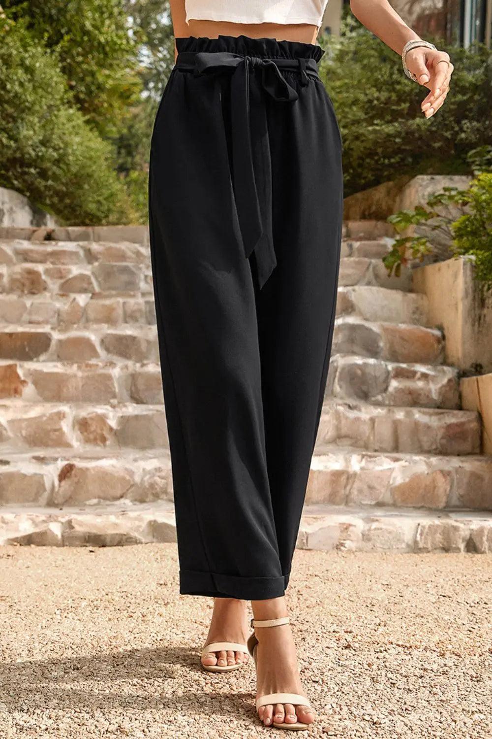 Tie Belt Paperbag Waist Straight Leg Pants - Elena Rae Co.