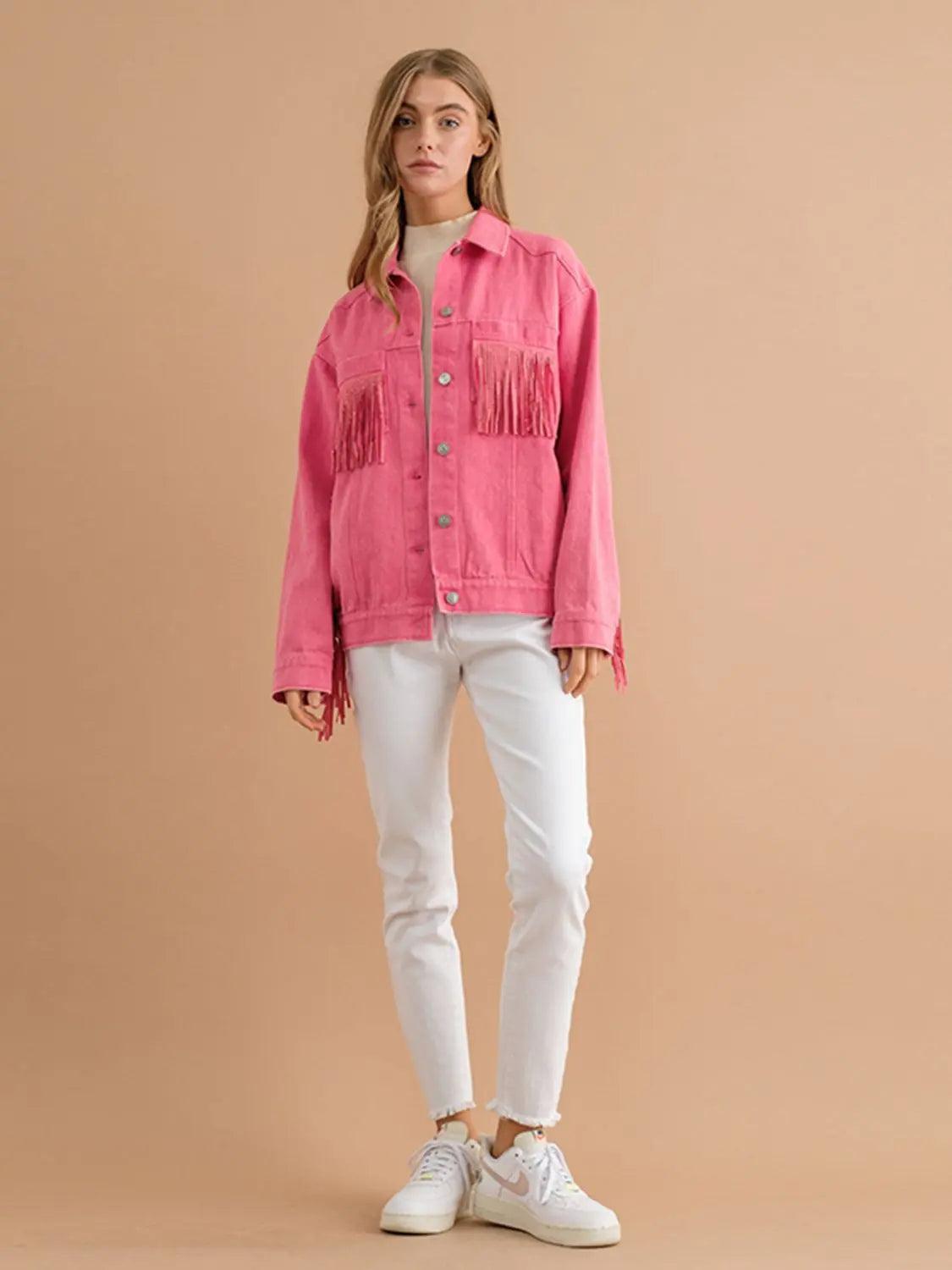 Fringe Detail Dropped Shoulder Denim Jacket - Elena Rae Co.