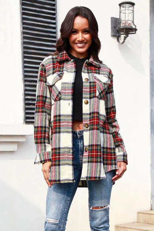 Plaid Button Up Collared Neck Shacket - Elena Rae Co.