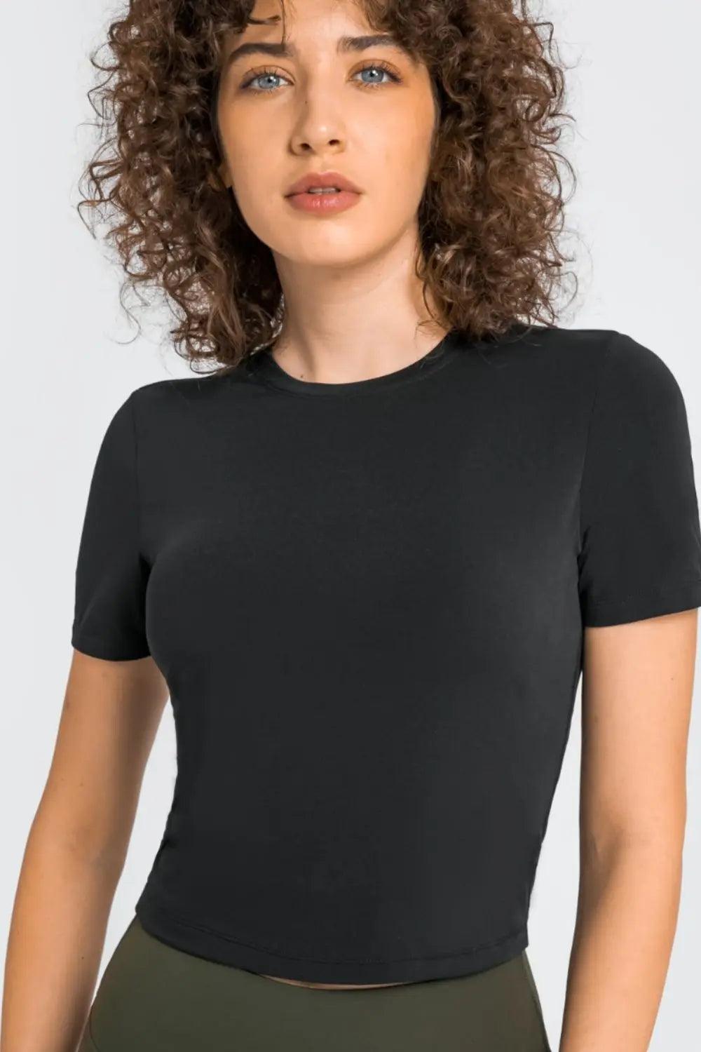 Round Neck Short Sleeve Yoga Tee - Elena Rae Co.