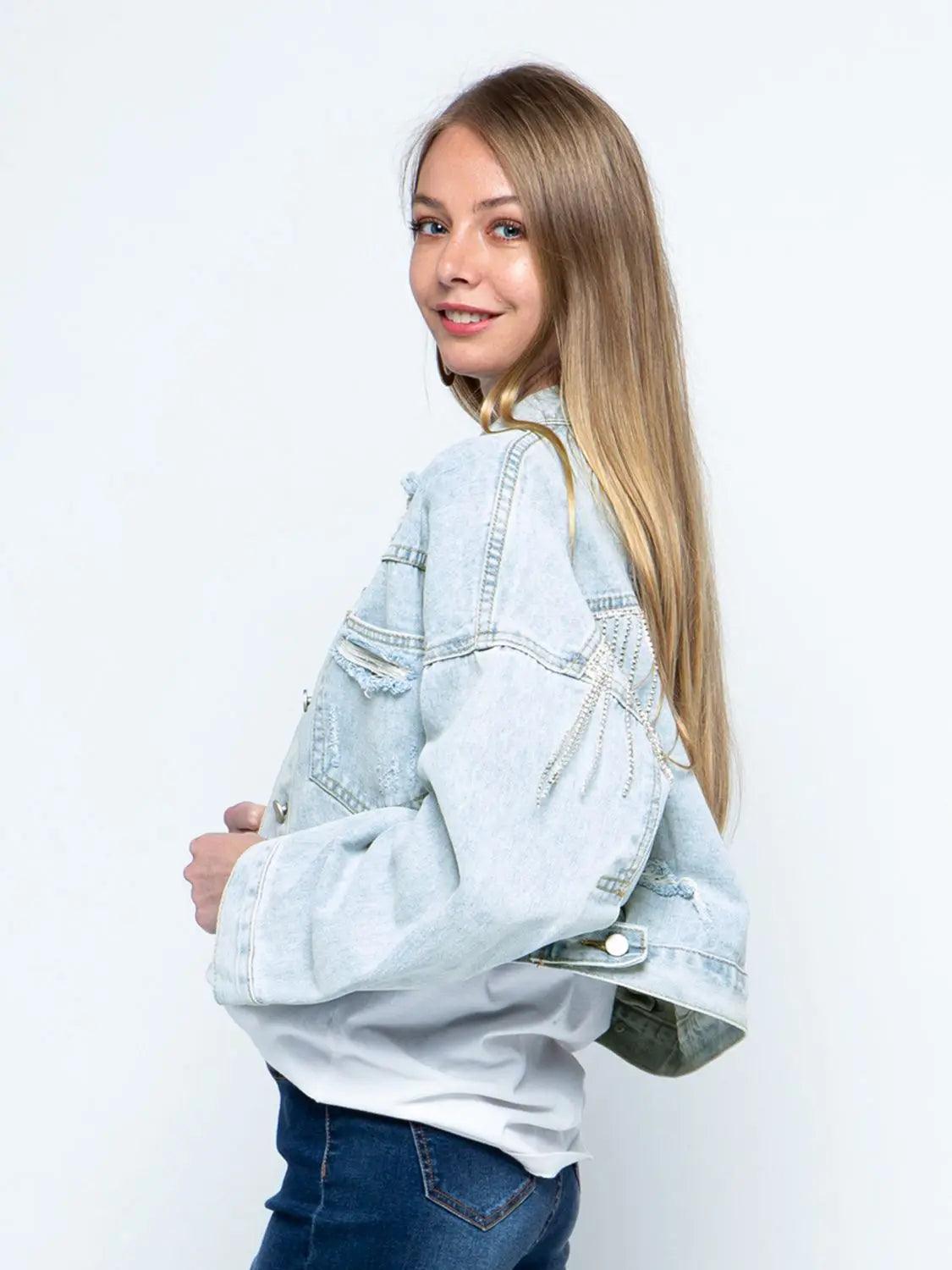 Cropped Collared Neck Dropped Shoulder Denim Jacket - Elena Rae Co.